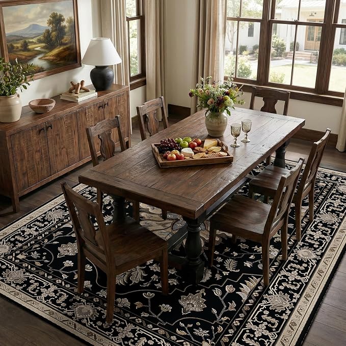 RELEANY Washable Area Rug, 6'x8', Black/Neutral | Non-Slip, Water Repellent, Pet Friendly, Easy to Clean, Vintage Floral Boho Decor for Living Room Bedroom Dining Room Office