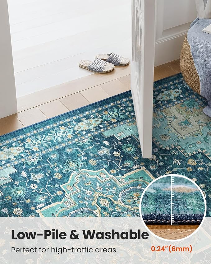 AMADA HOMEFURNISHING 2x6 Runner Rug, Vintage Distress Print Pattern Non Slip Area Carpet for Hallway Kitchen Bathroom Door Mat Indoor Entrance, Teal Blue