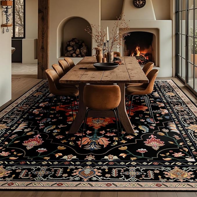 RELEANY Washable Area Rug, Large 10'x12', Black/Colorful | Non-Slip, Water Repellent, Pet Friendly, Easy to Clean, Vintage Floral Boho Decor for Living Room Bedroom Dining Room