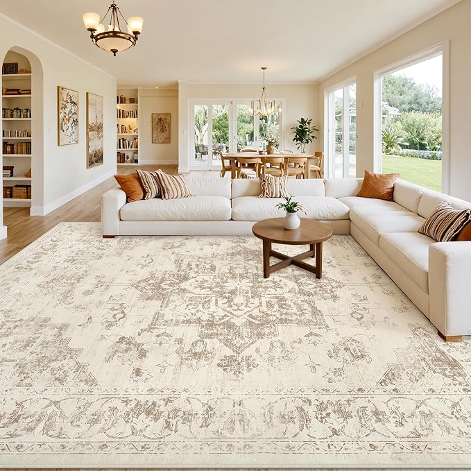 Area Rugs 9x12 Living Room: Bedroom Washable Carpet Beige/Ivory | Vintage Boho Soft Small Indoor Decor Floor Non-Slip Low Pile Neutral Farmhouse Entryway Laundry Bathroom Bedroom Beside Rugs