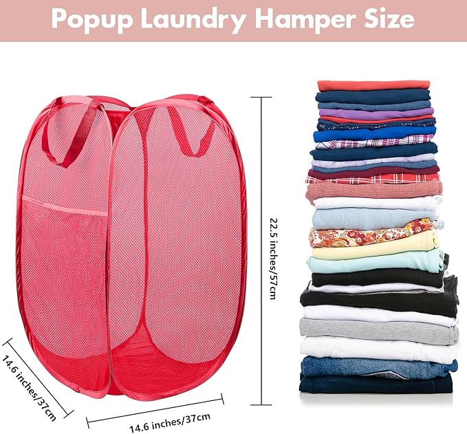 Pop Up Laundry Hamper, 70 L Collapsible Mesh Basket with Side Pocket, Red | Reinforced handles, breathable fabric, foldable, portable for dorm college travel camping cruise, dirty clothes, toys storage