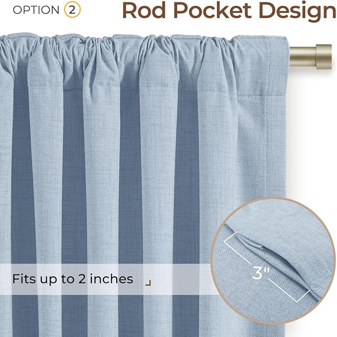INOVADAY 100% Blackout Linen Curtains for Bedroom 50x96 Chambray Blue | Linen Textured, Light Blocking, Room Darkening, Thermal Insulated, Back Tab Top, Window Curtains for Living Room, 2 Panels