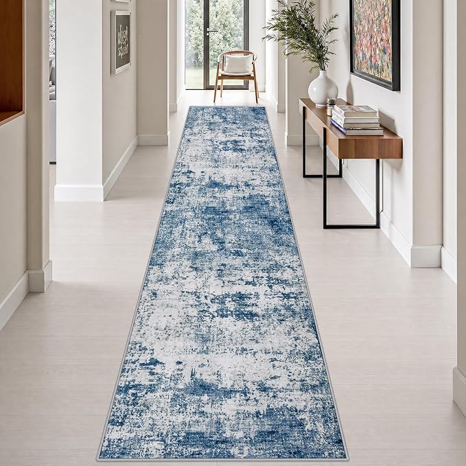 2.6x14 Washable Runner Rug:Modern Abstract Indoor Soft Carpet Blue | For Hallway, Bedroom, Kitchen, Laundry, Bathroom,Door Mat,Modern Abstract,Machine washable,Non-Slip,Stain Resistant,Indoor