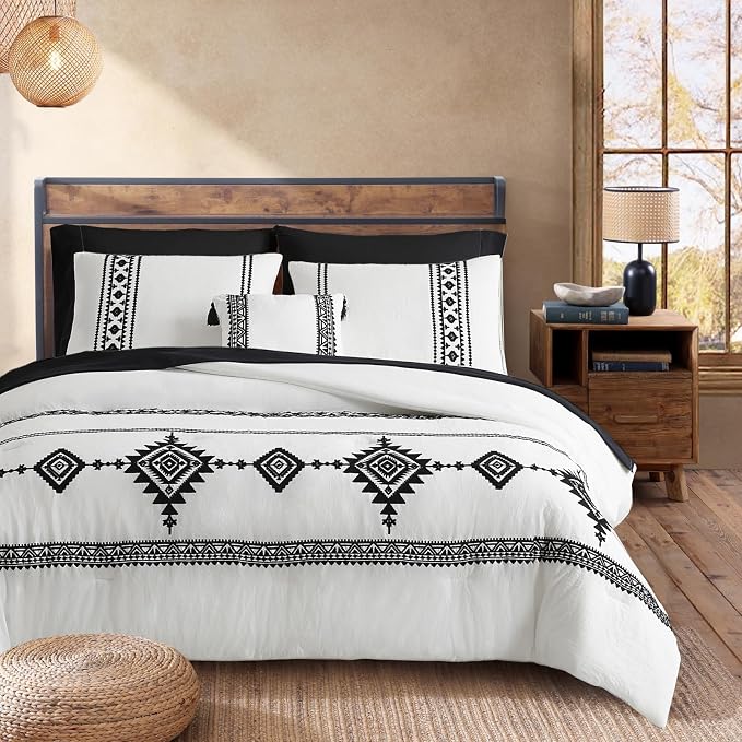 MaiRêve Embroidery King Size Comforter Set 7 Pieces White Bed in a Bag | Western Farmhouse Boho Bedding Sets with Comforter, Sheets, Pillowcases & Shams