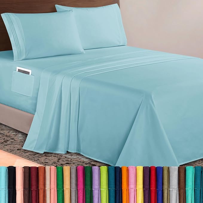 Elegant Comfort Luxurious 1500 Premium Hotel Quality Microfiber 4-Piece Sheet Set, 18-24 Inches Deep - Extra Deep Pocket Sheets - Ultra Soft 4PC Deep Pocket Sheets, King, Aqua Blue