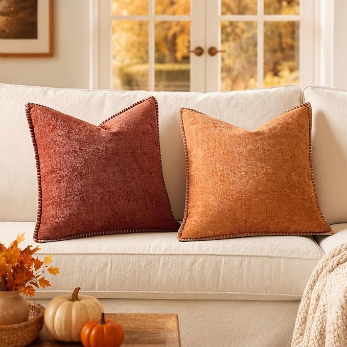 MIULEE Fall Decorative Couch Throw Pillow Covers 20x20 Inch Burnt Orange | 2 Pack, Terracotta Farmhouse Pillow Covers with Stitched Edge, Soft Chenille Cushion Cases, Sofa Bed Living Room Home Decor