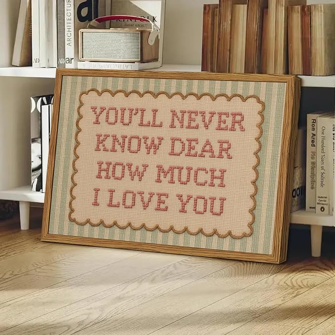 Framed You'll Never Know Dear How Much I Love You Wall Art, Vintage Nursery Pink Green Striped Pictures Wall Decor, Inspirational Quote Paintings Canvas Prints for Girl Bedroom Living Room 12x16 inch