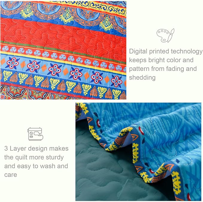 Exclusivo Mezcla Reversible Boho Quilts Full Size Blue | Lightweight Soft Bedspreads, All Season Bohemian Coverlet Bedding Set, Printed Floral Pattern, 1 Quilt and 2 Pillow Shams