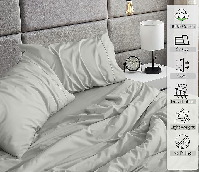 RUVANTI 100% Cotton Percale Sheets, Twin XL, Silver | Crisp Cooling, Deep Pocket 16", Soft Breathable & Durable, Hotel-Style, 3 Piece Set