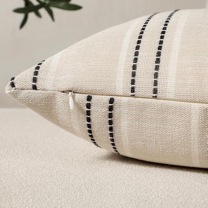 Hckot Black Striped Throw Pillow Covers 20x20 Set of 2 Boho Pillow Covers | Textured Linen Decorative Pillowcase Square Cushion Covers for Bed Couch Sofa Living Room Boho Farmhouse Home Decor