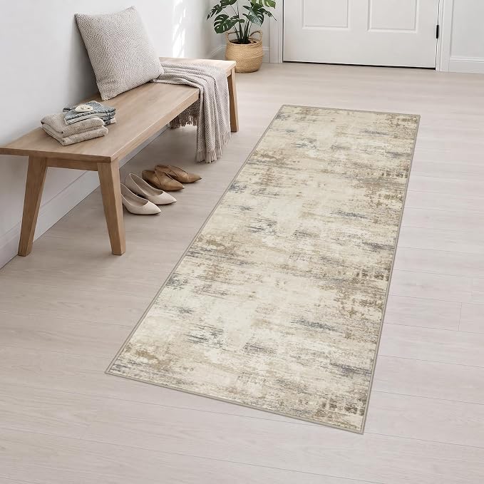 2.6x8 Washable Runner Rug：Modern Abstract Soft Carpet Beige Brown | For Hallway, Bedroom, Kitchen, Laundry, Bathroom,Door Mat,Modern Abstract,Machine washable,Non-Slip,Stain Resistant,Indoor