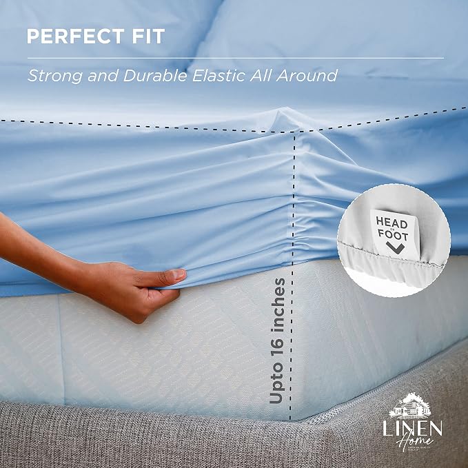 Linen Home 6 Piece Queen Cotton Sheet Set, 100% Cotton Percale, 4 Pillowcases, Deep Pocket with All Around Elastic Sheet, Crisp Breathable Bedding, Hotel Luxury, Long-Staple Combed Cotton, Baby Blue