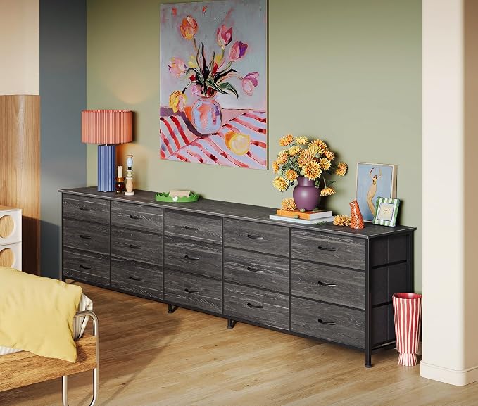 Huuger 86.6 Inch Long Dresser for Bedroom, TV Stand for 65, 75, 85 Inch TV | 15 Large Fabric Drawer Dresser, Entertainment Center for Bedroom, Wide Chest of Drawer with Storage