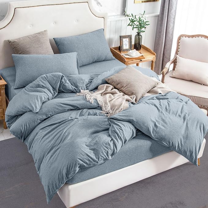 PURE ERA Jersey Knit Sheet Set Heather Blueish Grey California King | 100% Cotton, 3 Piece Set, T Shirt Soft, Breathable, Envelope Closure Pillowcases, Hidden Zipper, 8 Ties, No Insert, Modern