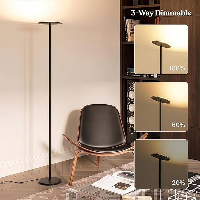 Brightech Sky LED Floor lamp, Torchiere Super Bright Floor Lamp for Living Room Decor & Office - Dimmable, Tall Standing Torch Lamp with Warm Light for Bedroom & Reading - Black