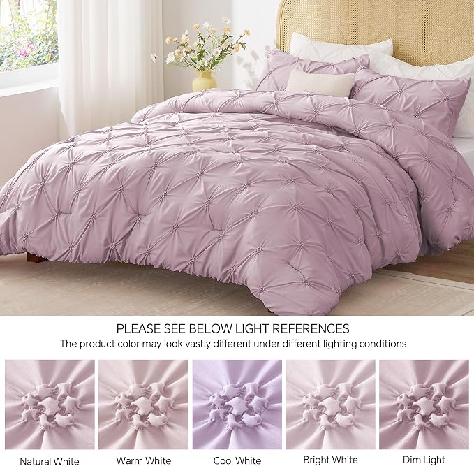BEDELITE Queen Comforter Set Light Purple,Lightweight & Soft Comforter | Pintuck Boho Bedding, Warm & Cute Bed Set for All Season,With 2 Pillowcases