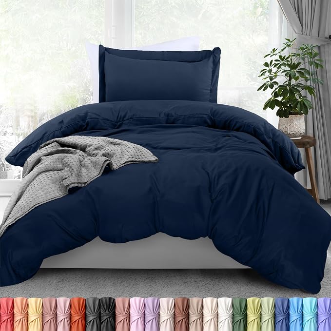 Duvet Cover Twin/Twin XL, 3 PC Cotton Like Polyester, Zipper Closure, Navy | Extra Soft and Breathable, Wrinkle & Fade Resistant, Includes Duvet Cover and 1 Pillow Sham, Comforter Not Included, OekoTex