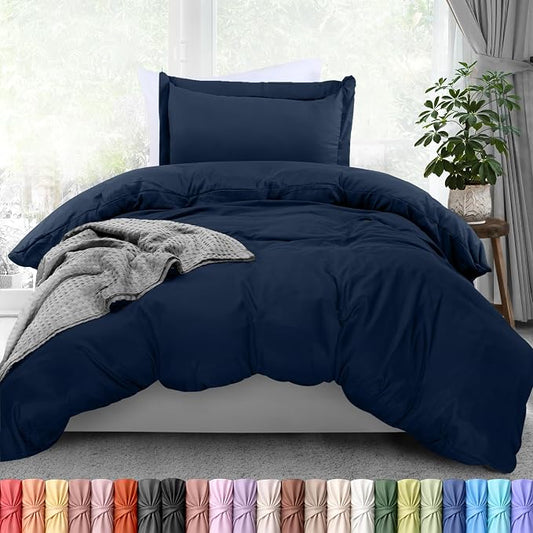 Duvet Cover Twin/Twin XL, 3 PC Cotton Like Polyester, Zipper Closure, Navy | Extra Soft and Breathable, Wrinkle & Fade Resistant, Includes Duvet Cover and 1 Pillow Sham, Comforter Not Included, OekoTex