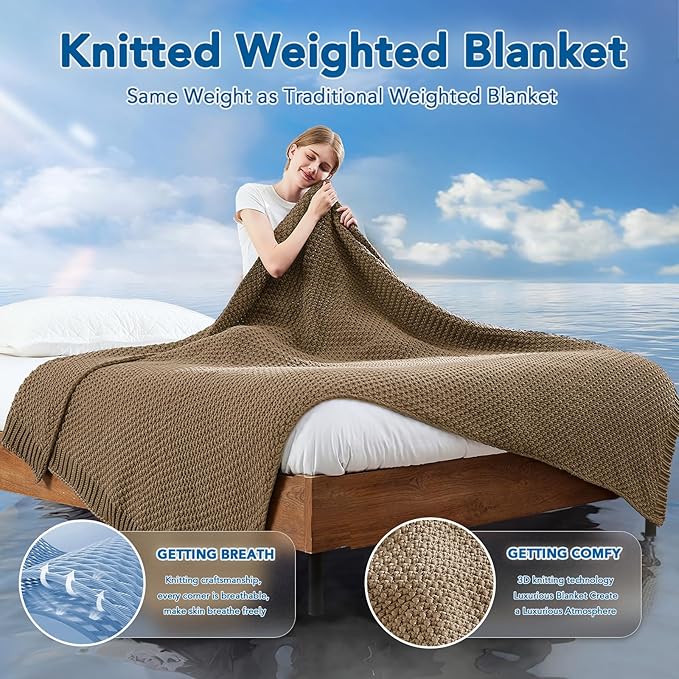 Knitted Weighted Blanket - 50"x60" 5lbs Cooling Chunky Knit Heavy Blanket for Adults Cable Yarn Knit Decorative No Beads Soft, Cozy and Cooling Weighted Throw Blankets Machine Washable