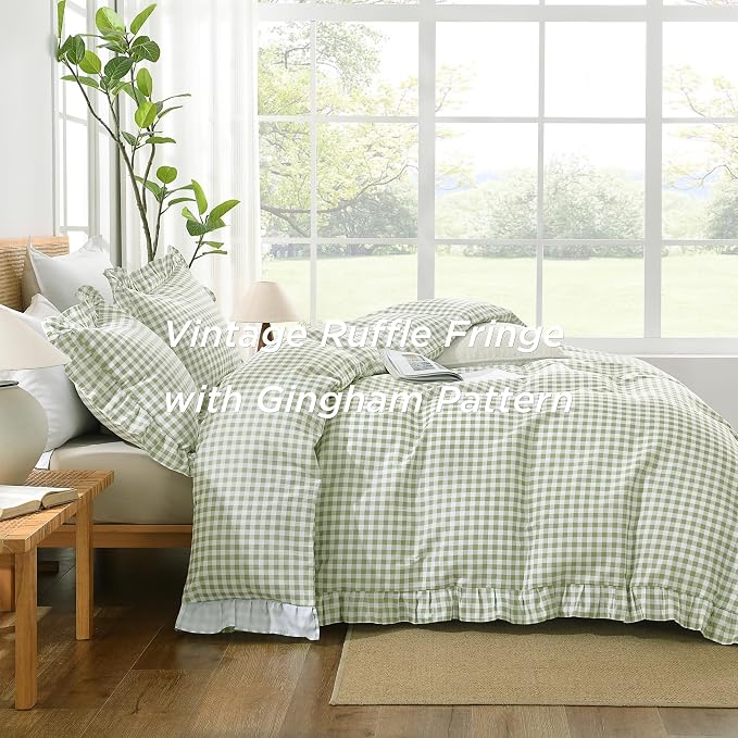Andency Sage Gingham Duvet Cover King, Ruffle Shabby Chic Bedding Set 3 Pcs | Farmhouse Soft Pre-Washed Polyester Comforter Cover with Zipper Closure & Corner Ties, 104x90Inch