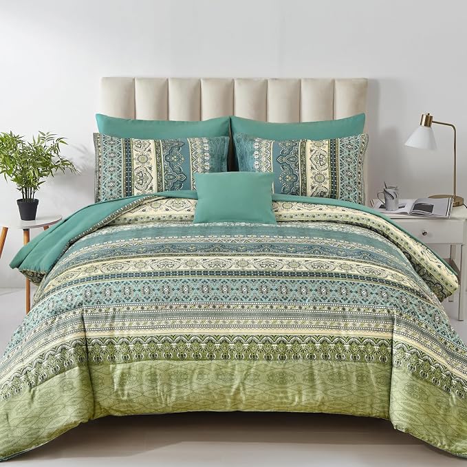 Cottolester Boho Queen Comforter Set 8 Pieces,Green Bohemian Comforter Paisley Striped Bed in A Bag,Soft Microfiber Bedding Set for All Season