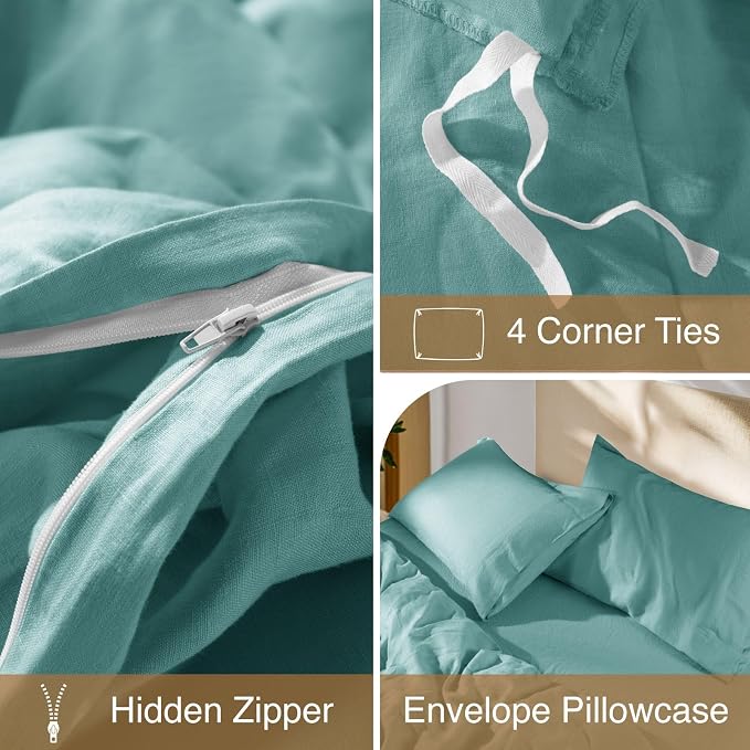 SONORO KATE 100% French Linen King Duvet Cover Set,Zipper Closure,3PC | Natural French Flax,Soft Breathable for Hot Sleepers,Moisture Wicking & Durable,4 Corner Ties,Aqua