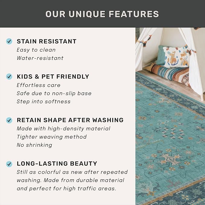 Vintage 3x12 Long Hallway Runner Rug - Teal Boho 3x12 Kitchen Floor Mat, Low Pile Thin Carpet for Bedroom Bedside, Washable Modern Eclectic Boho Design Décor