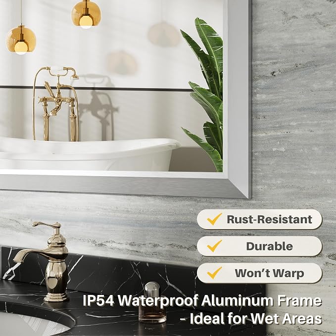 Bathroom Wall Mirror, Silver Brushed Nickel Metal Frame, 24x36 Inch | Anti-rust, HD tempered glass, for bathroom vanity, bedroom, living room, horizontal or vertical mount