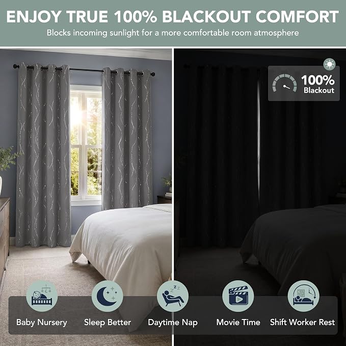 Deconovo 100% Blackout Living Room Curtains 84 Inches Long, Black Backing | Silver Line Foil Pattern Drapes, Thermal Insulated, Room Darkening, Grommet, 2 Panels Set, Light Grey, 52 x 84 Inch