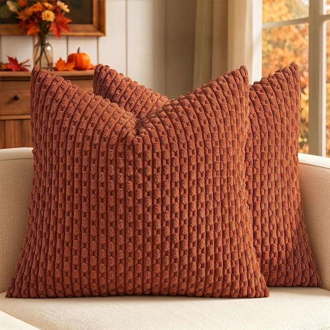 MIULEE Fall Decorative Throw Pillow Covers 16x16 Rust Textured Corduroy | Terracotta Pack of 2 Striped Pillow Covers Modern Farmhouse Autumn Home Decor for Couch Bed Sofa Living Room