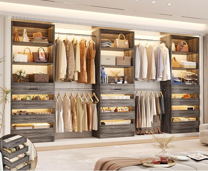 Aheaplus Closet System with 12 Drawers, 8.5-11.5Ft Wood Closet Organizer | Black Oak Closet Storage with 4 Hanging Rods & 3 Towers, 4Ft & 6Ft L-Shaped Walk-in Closets Wardrobe Organizer, Set of 3