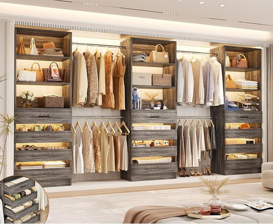 Aheaplus Closet System with 12 Drawers, 8.5-11.5Ft Wood Closet Organizer | Black Oak Closet Storage with 4 Hanging Rods & 3 Towers, 4Ft & 6Ft L-Shaped Walk-in Closets Wardrobe Organizer, Set of 3