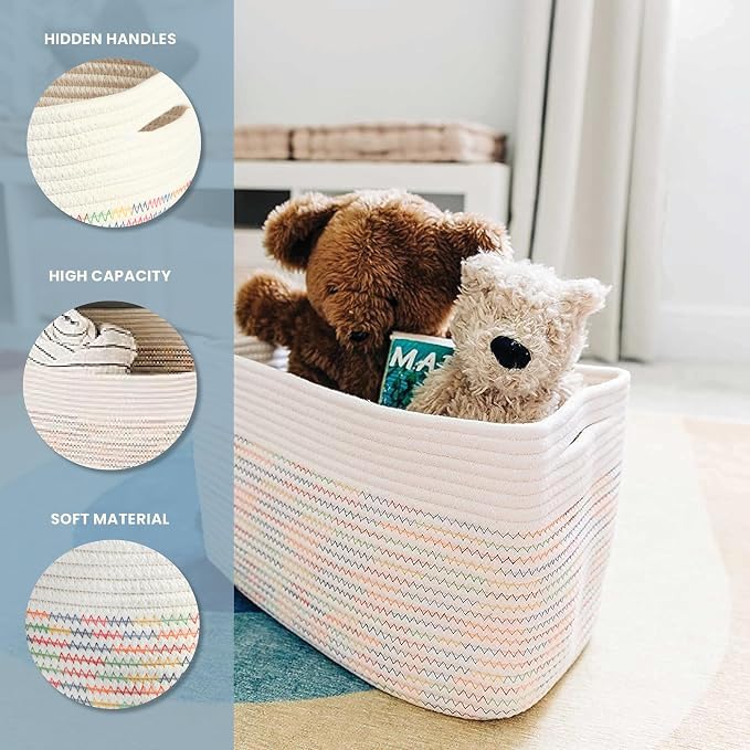 OrganiHaus Rainbow Baskets for Shelves, Set of 3, 15x9x10 | Colorful, handwoven cotton rope; a toy bin for playroom, classroom, or girls' room decor; great for nursery too