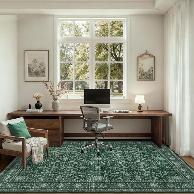 10x14 Area Rugs Living Room: Washable Rug for Bedroom Deep Green | Vintage No Slip Stain Resistant Rug Soft Indoor Decor Floor Floral Area Rugs for Dining Room, Nursery, Hallway, Home Office