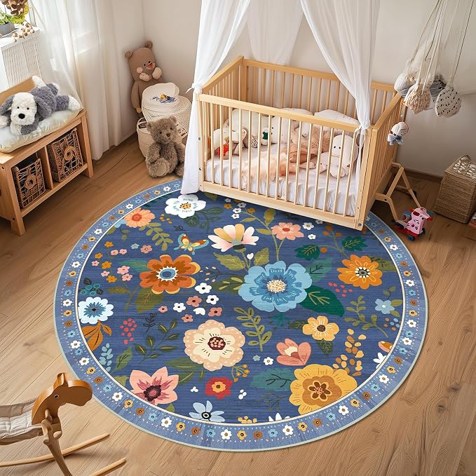 RELEANY Floral Washable Round 6ft Area Rug Blue/Grey | Flower Carpet, Print, Boho, Non-Slip, Easy to Clean, Soft, Low Pile for Living Room Bedroom Kitchen Office Entryway Hallway