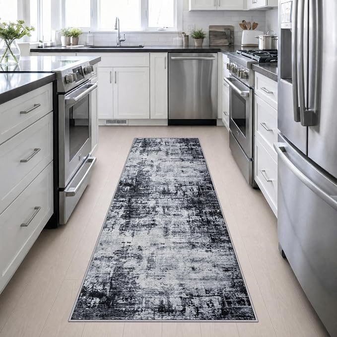 2.6x10 Washable Runner Rug:Modern Abstract Soft Carpet Dark Black | For Hallway, Bedroom, Kitchen, Laundry, Bathroom,Door Mat,Modern Abstract,Machine washable,Non-Slip,Stain Resistant,Indoor