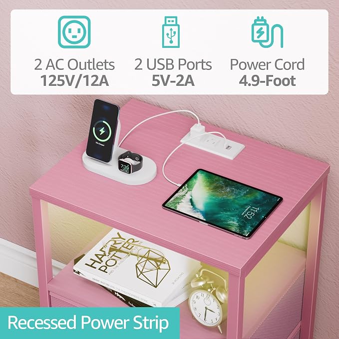 BOLUO Pink Nightstand with Charging Station, LED Night Stand with 2 Fabric Drawers, Bedside Table with USB Ports and Outlets, Nightstand for Bedroom Modern