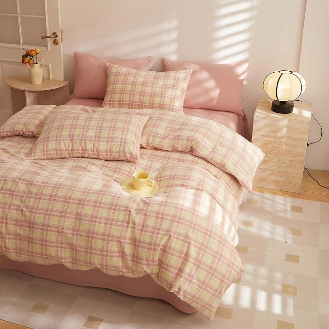 LifeTB Pink & Yellow Buffalo Plaid Comforter Set Full Size, 3 Piece Vintage Plaid Checkered Pattern Comforter with 2 Pillowcases, Grid Farmhouse Bedding Set Gingham Bedding Comforter for All Season