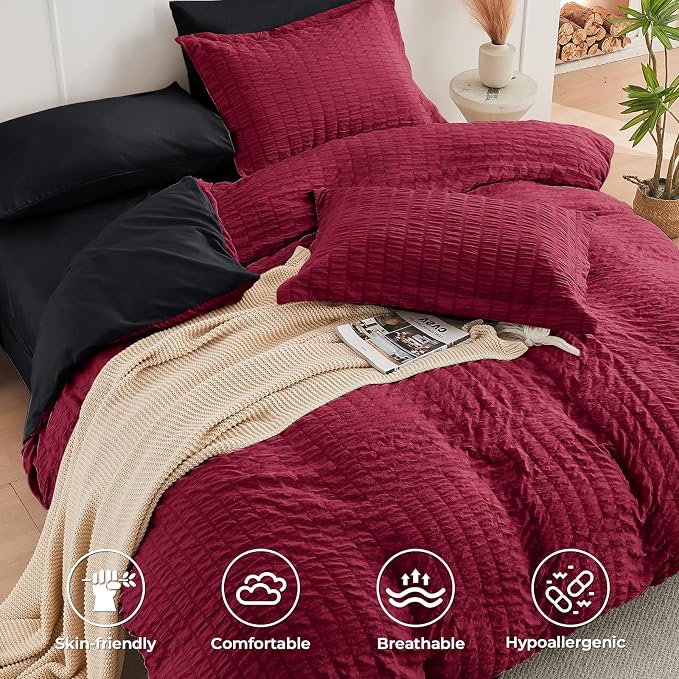 HYMOKEGE Rose Gold/Light Grey Twin Size Duvet Cover, Ultra Soft 2-Piece Seersucker Duvet Cover Set with Zipper Closure, Soft Brushed Microfiber Bedding Set with 8 Corner Ties (68"x90", 1 Pillowshams)