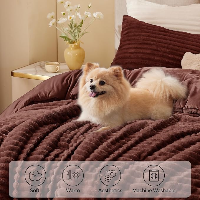 BEDELITE Fleece Queen Comforter Set, Fluffy Bed Set, Hot Chotolate | Super Soft & Warm Bedding, Luxury Fuzzy Faux Fur Comforter for Winter, Heavy Plush Bedding, with 2 Pillowcases