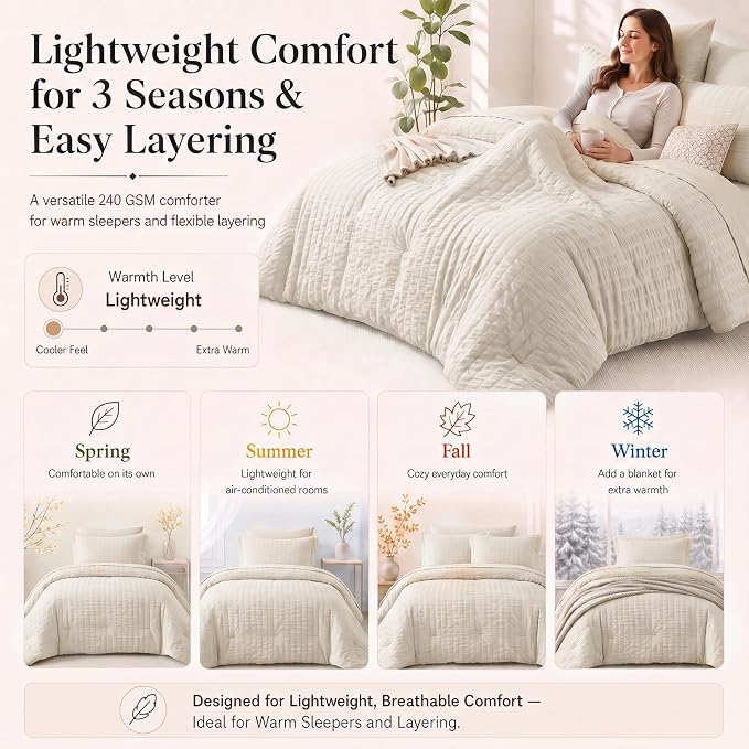 Oversized Queen Comforter Set, 7-Piece Beige Seersucker, 98 x 98 in | OEKO-TEX Certified All Season Bed in a Bag with 240 GSM Down Alternative Comforter, Flat & Fitted Sheets, Pillowcases & Shams