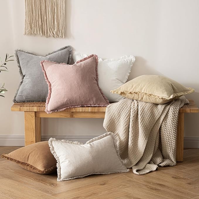 MIULEE Boho Linen Fringe Decorative Throw Pillow Covers White 18x18 | Set of 2, Cottagecore Decor, Boho Farmhouse Neutral Pillow Covers, Rustic Couch Cushion Cases for Sofa Bed Living Room