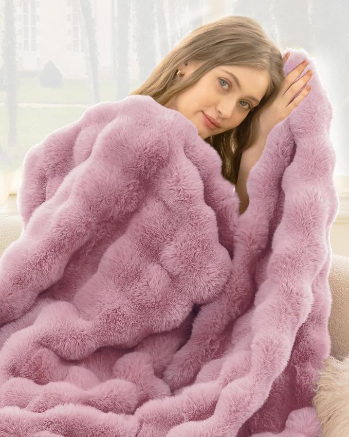 Ultra Soft Cozy Faux Fur Throw Blanket, Fuzzy Plush Thick Bubble Blanket, Oversize Luxury Fluffy Blanket for Couch, Sofa, Bedroom, and Living Room,50x60 Inches,Pink