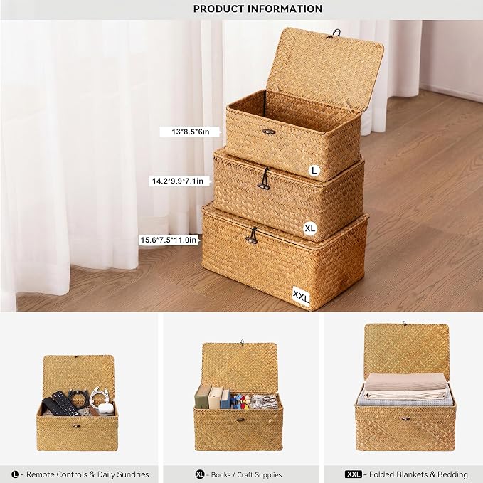 Nonam Large Wicker Basket with Lid,Seagrass Shelf Basket Set of 3,Nautral | Storage Basket Container for Organizing, Boho Decorative Basket, Rectangular Household Storage Boxes for Home Organization