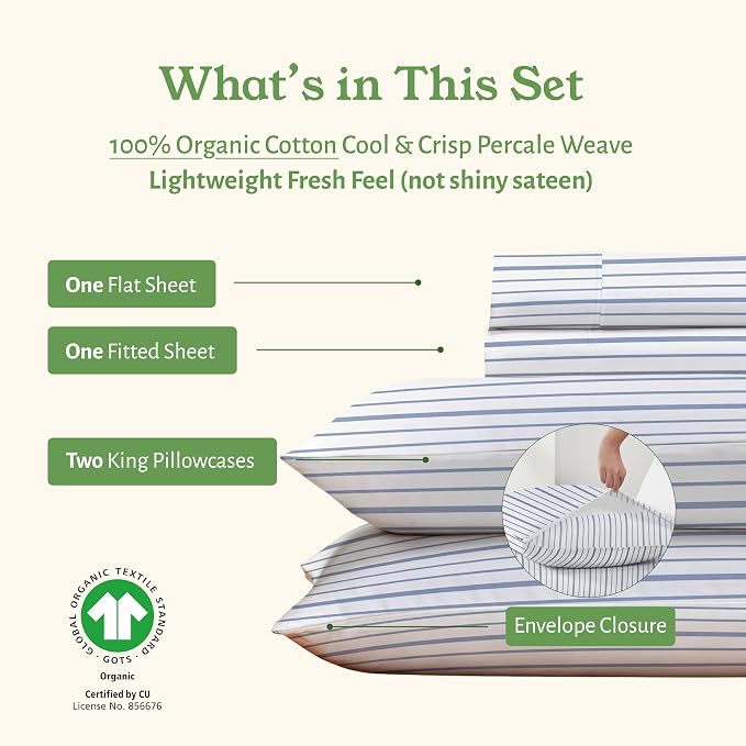California Design Den 100% Organic Cotton King Size Bed Sheets, 4 Pc Set | GOTS Certified, Lightweight Crisp & Airy Percale For Hot Sleepers, 15" Deep Pocket, All-around Elastic - Blue Stripe Print