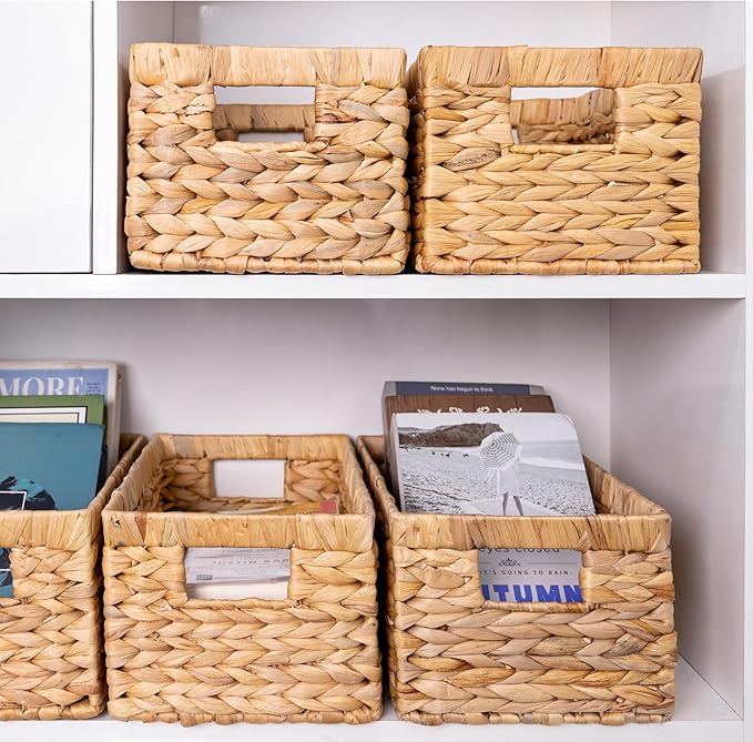 M4DECOR Set of 3 Rectangular Wicker Storage Baskets for Shelves | Water Hyacinth Storage Baskets, Pantry Baskets for Organizing, Handwoven Wicker Baskets for Storage