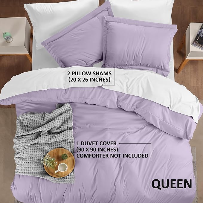 Duvet Cover Queen, 3 PC Cotton Like Polyester With Zipper Closure, Lavender | Extra Soft and Breathable, Wrinkle & Fade Resistant, Includes Duvet Cover and 2 Pillow Shams, Comforter Not Included, OekoTex