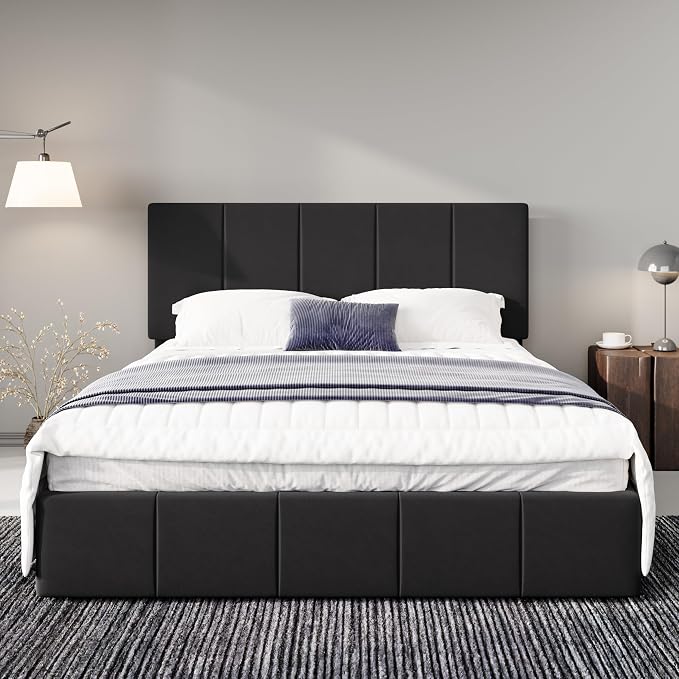 Allewie Full Size Dutch Velvet Upholstered Platform Bed Frame/Vertical Channel Tufted Adjustable Headboard/Low Profile Bed Frame/No Box Spring Needed/Easy Assembly/Black