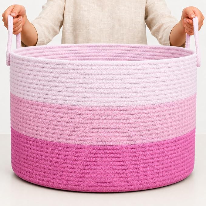 OrganiHaus Round Toy Basket & Blanket Basket, Cotton Rope 20x13" | 3-Toned Pink - Round Cotton Rope Basket, 20x13"