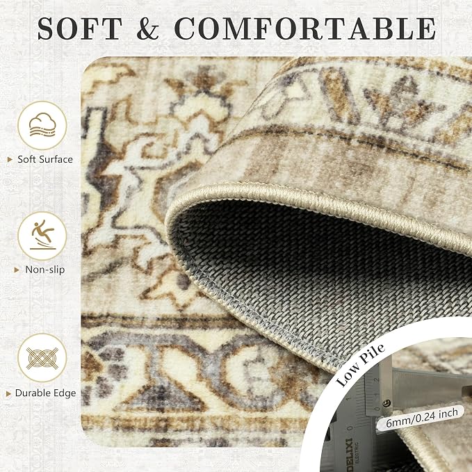 8x10 Area Rugs for Living Room - Washable Vintage Retro Large Rug, Soft Ultra Thin Non Slip Low Pile Traditional Distressed Boho Carpet for Bedroom Dining Room Home Office, Beige Brown